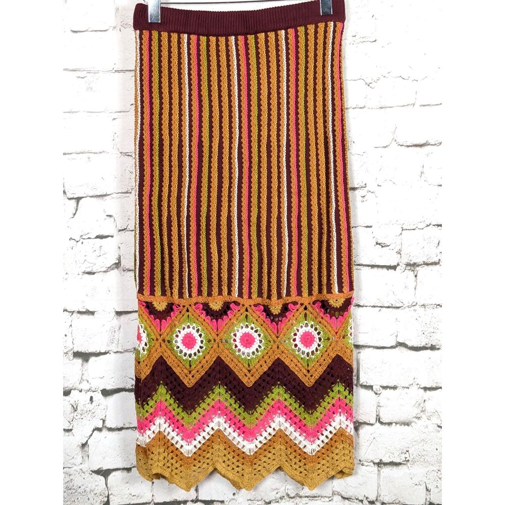 Crochet Knit Midi Skirt Bohemian Chic Hippie Cottage Festival Retro Size Large